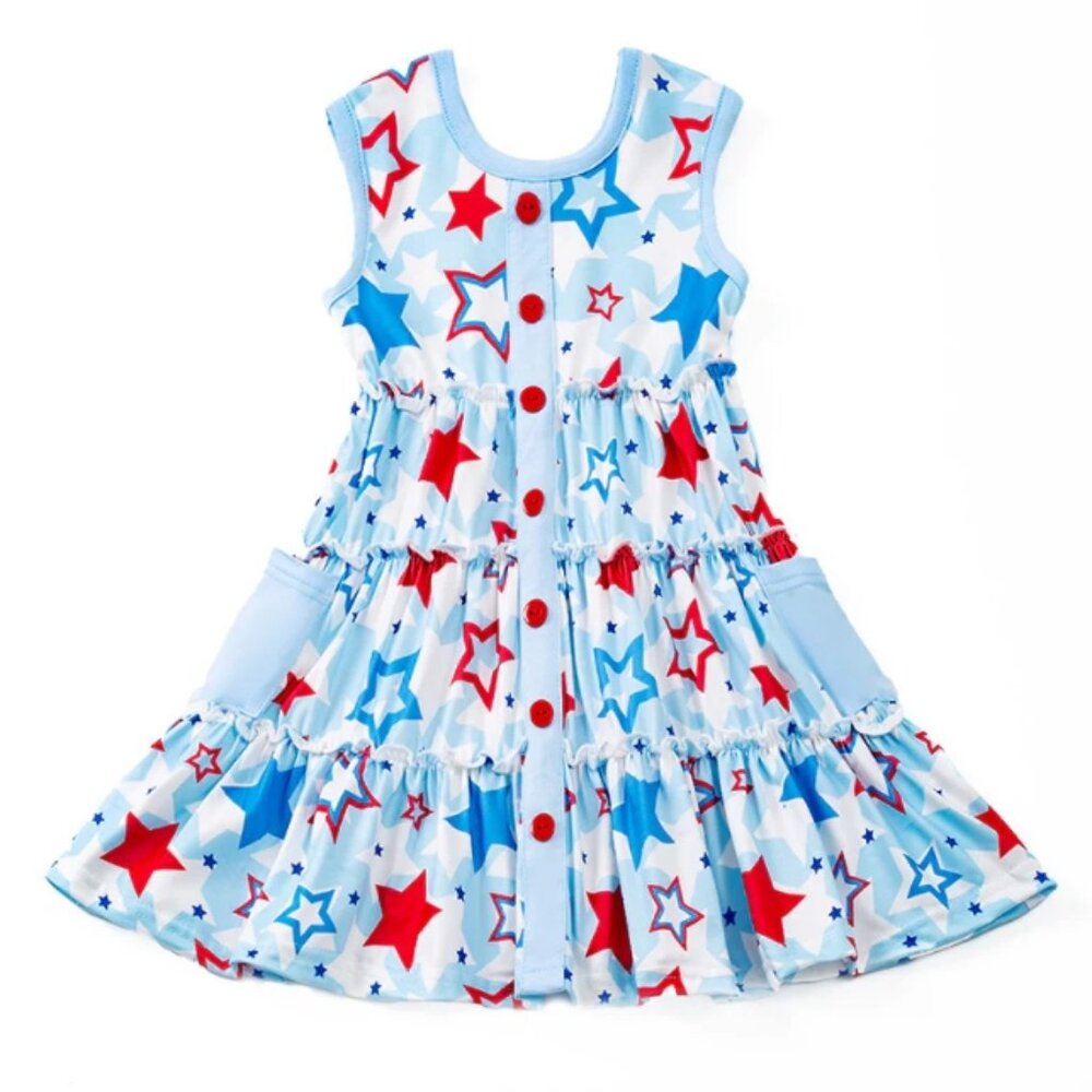 Boutique 4th of July Patriotic Stars Girls Sleeveless Dress